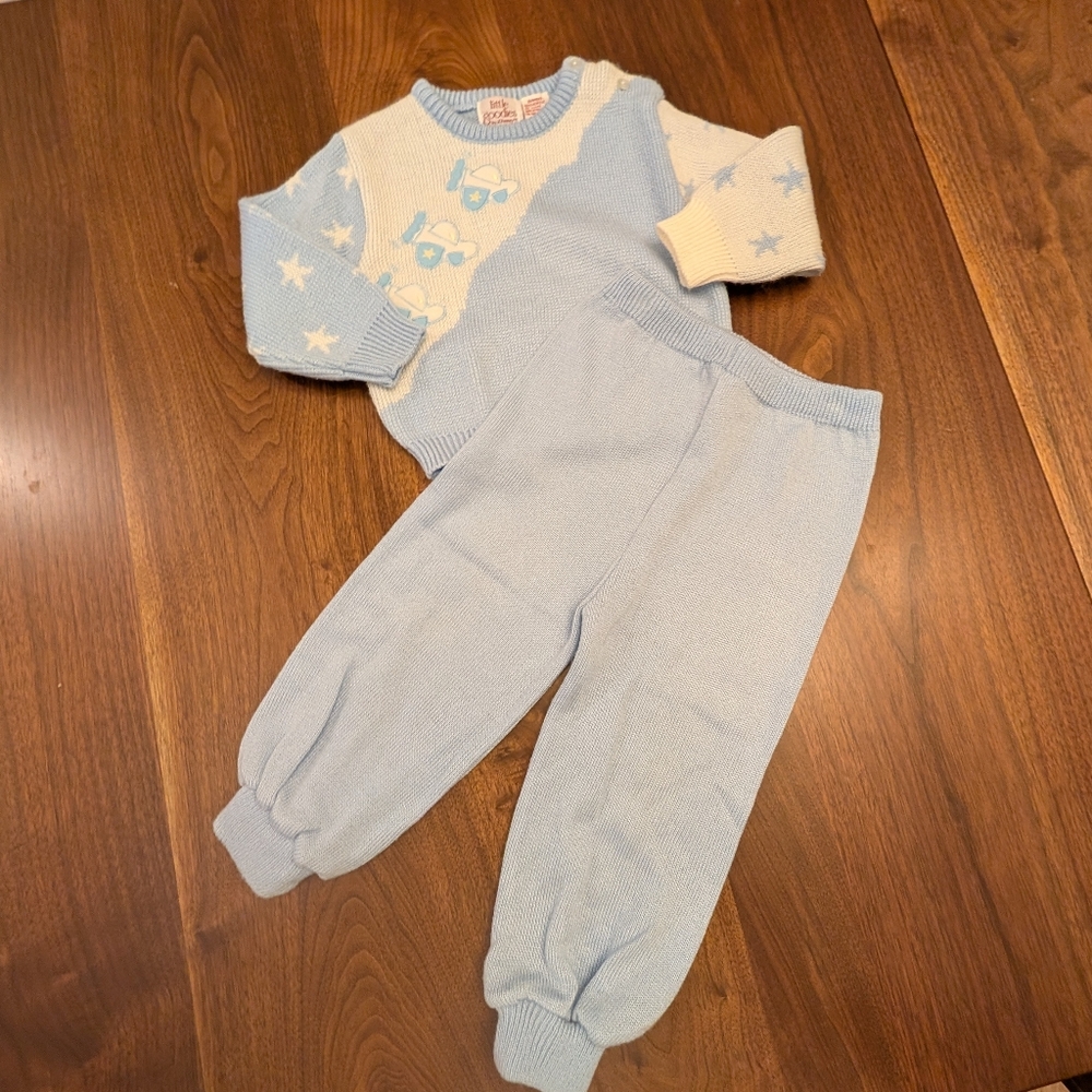 Vintage JCPenney Light Blue Knit Emb Airplanes Sweater Pants Matching Set